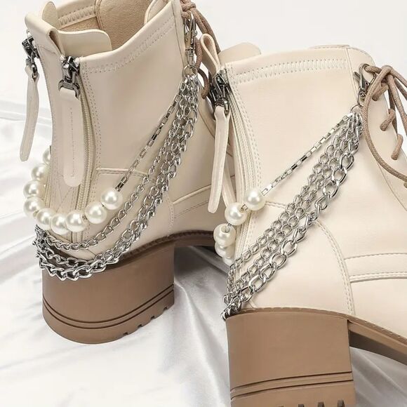 2pcs Decorative Elegant Chic Pearl & Chain Shoe Boot Anklet Chain Set - Picture 3 of 6